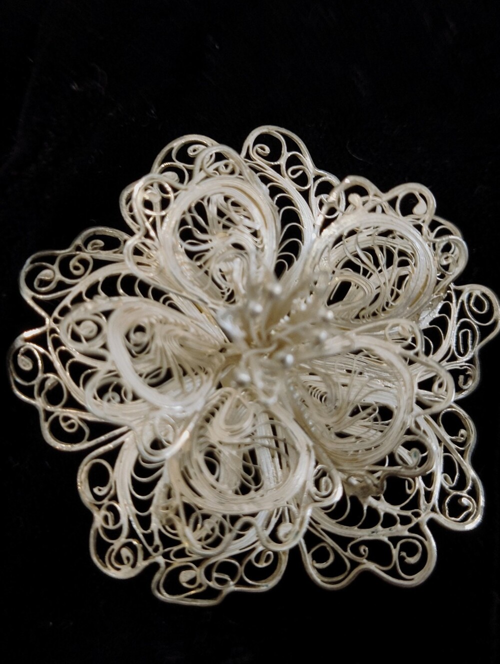 Vintage Mexico 925 Sterling Silver Filigree Flower Brooch Pin Ornate